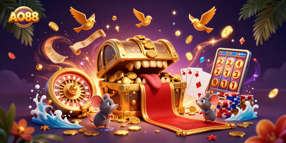 Engage with AO88's thrilling casino adventure featuring a treasure chest, golden coins, and vibrant poker elements.