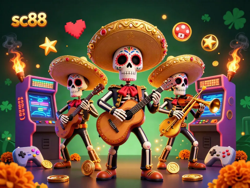 Engage with sc88 as skeleton mariachi musicians celebrate in a colorful casino scene.