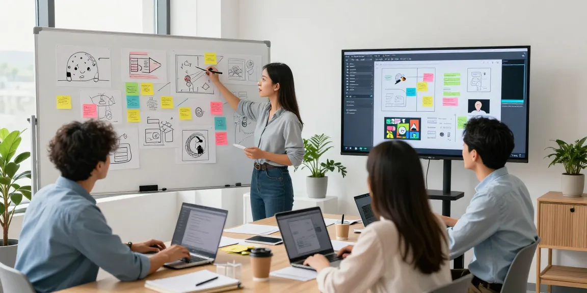 Team collaborating on a mix board in a modern office, showcasing creativity and teamwork.