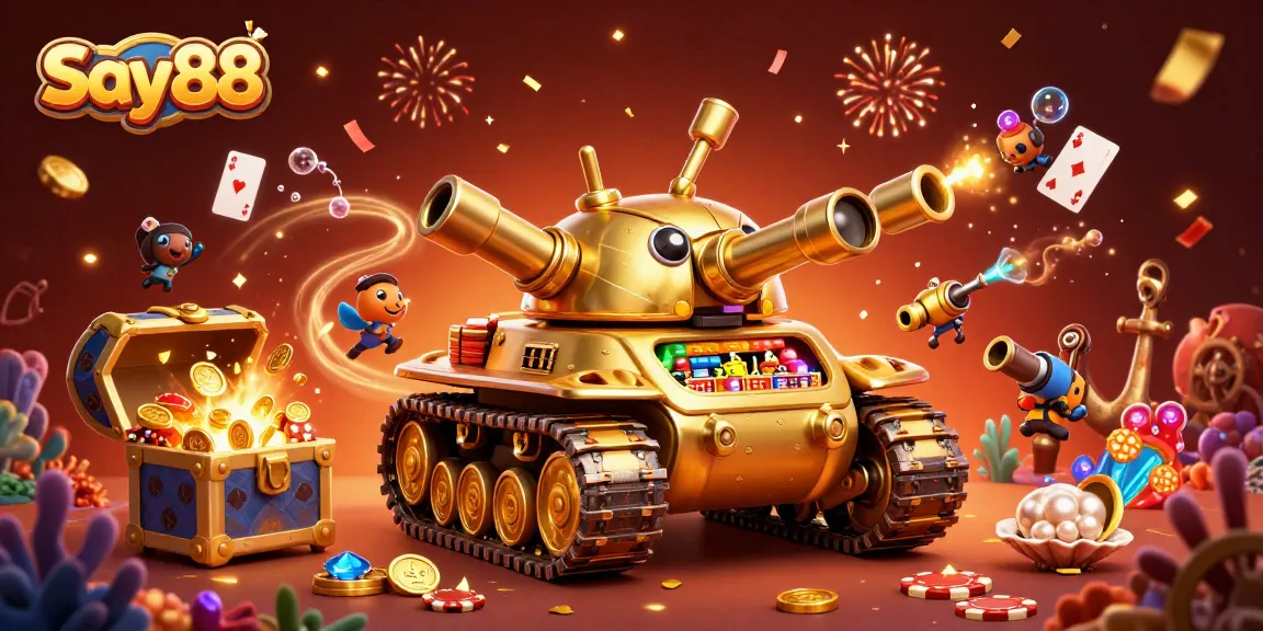Experience a vibrant scene of Say88 with a golden beetle tank revealing a miniature casino amidst festive decorations.
