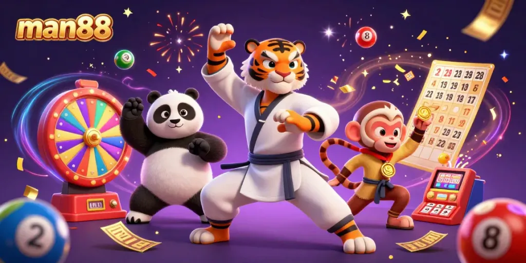 Experience the excitement of man88 with playful cartoon characters in a colorful casino scene.