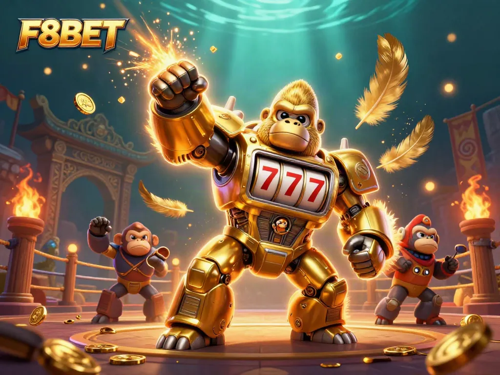 Experience the dynamic world of F8BET with a golden gorilla mech and slots-themed elements exploding with excitement.