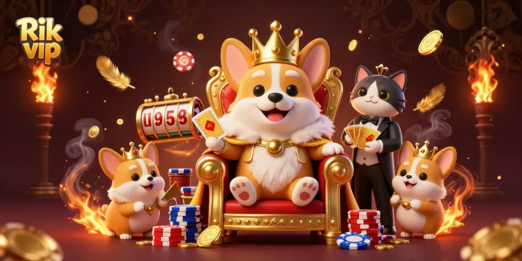 Engage with Rik vip's entertainment in a vibrant casino scene featuring a prized royal corgi and gaming elements.