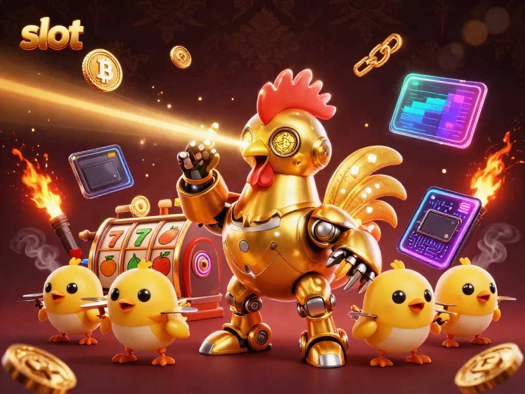 Experience thrilling slots with a golden rooster robot and vibrant coins in this dynamic casino scene.