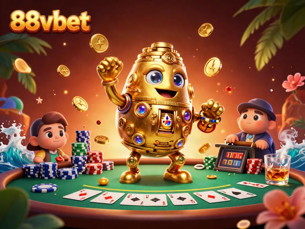 Experience thrilling casino action with 88vbet - an ancient golden golem amidst casino riches.