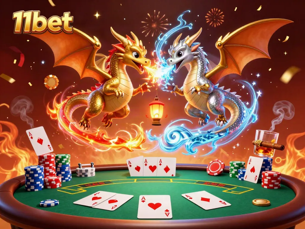 Experience the thrill of 11bet with dynamic dragon duel amidst poker excitement and festive effects.