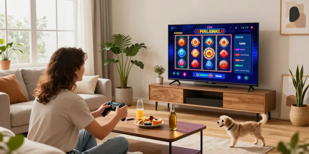 Engaging online gaming session with usa casinos for uk player in a cozy living room.