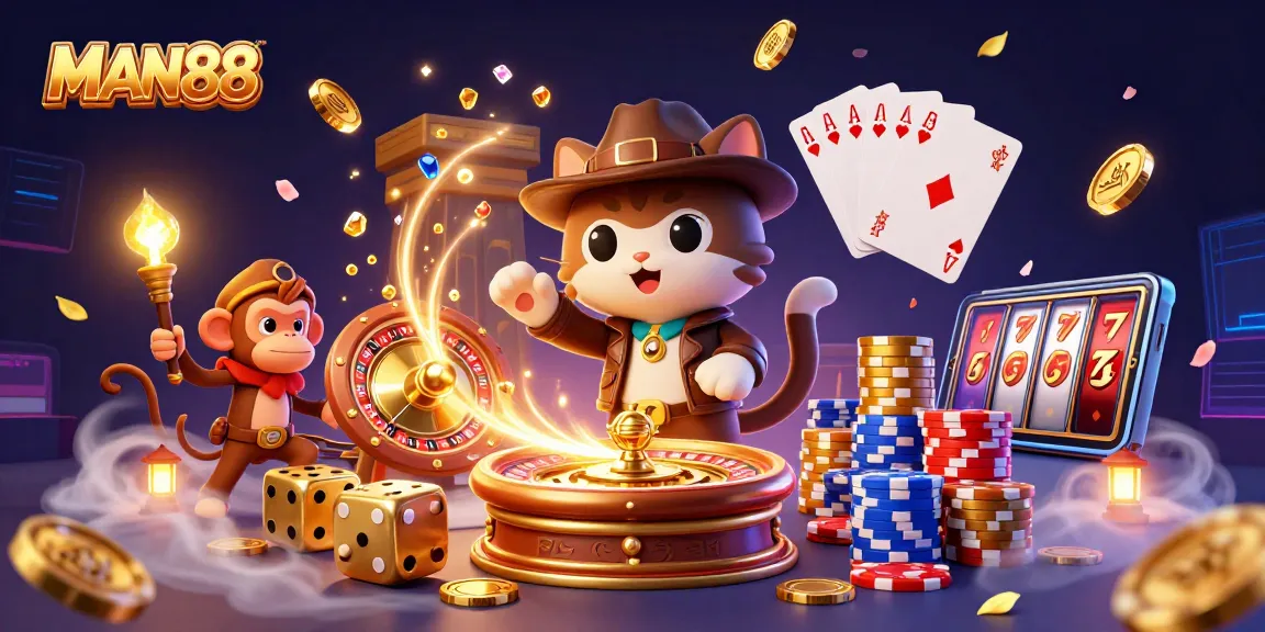 Experience thrilling gaming action at MAN88 with a vibrant 3D casino adventure illustration