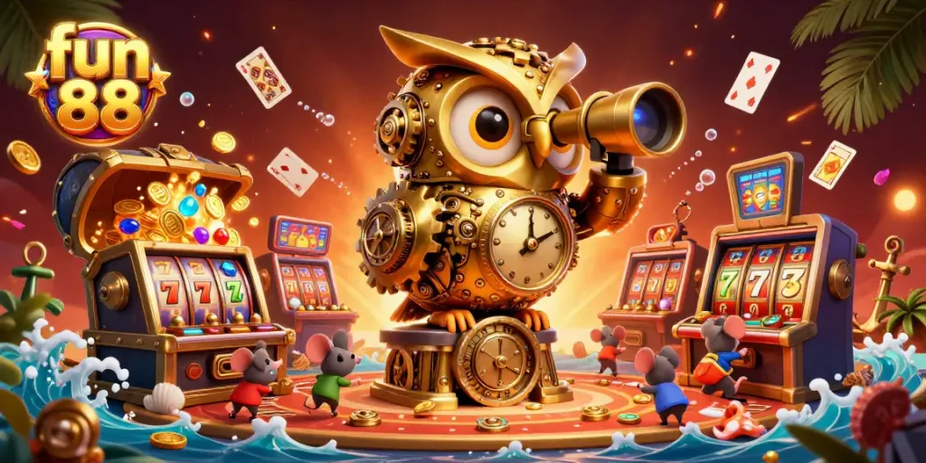 Experience the thrill of fun 88 with a golden owl surveying a vibrant casino scene.