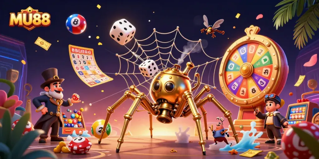 Experience the thrill of MU88 with a vibrant gambling scene featuring a steampunk spider and a Victorian fly, amidst lottery balls and winnings.