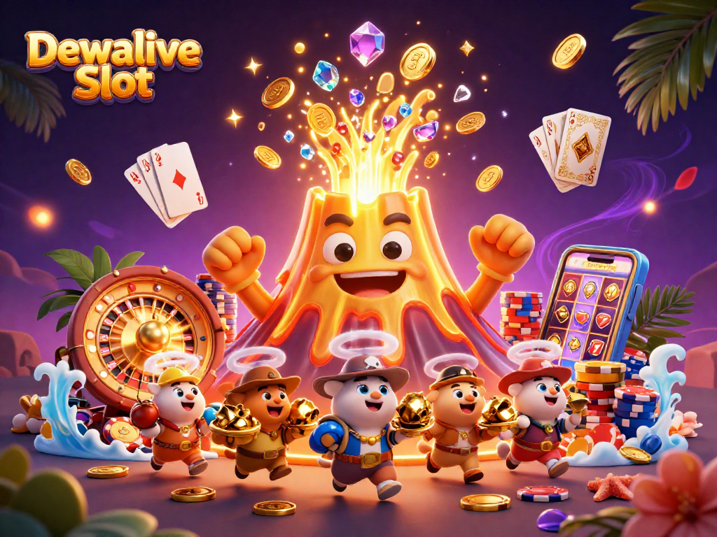 Experience Dewalive Slot excitement with a vibrant 3D illustration of a golden volcano and treasure-filled scene.