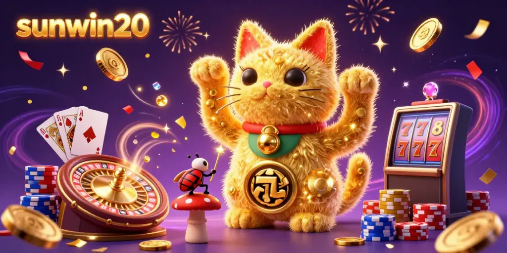 Engage with captivating sunwin20 casino visuals featuring a lucky cat and vibrant symbols.