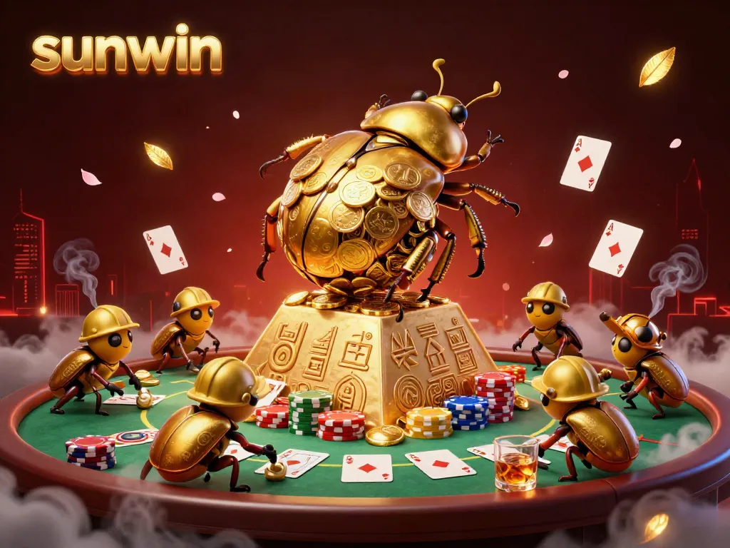 Experience the thrill of sunwin with this vibrant 3D illustration of cartoon beetles in a casino scene.