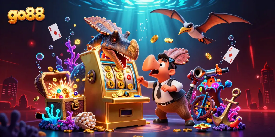 Experience thrilling wins with go88, featuring a playful dinosaur in a vibrant casino scene.