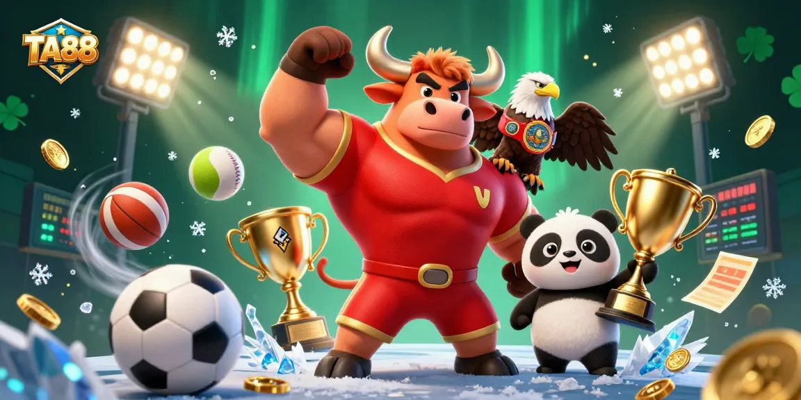 Play to win with TA88: celebration scene featuring a muscular bull, eagle, and panda in a dynamic casino setting.