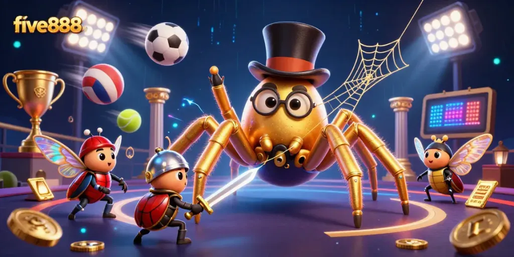 Experience the thrilling action at five888 with a giant golden tarantula weaving a web of fortune amid sports excitement.