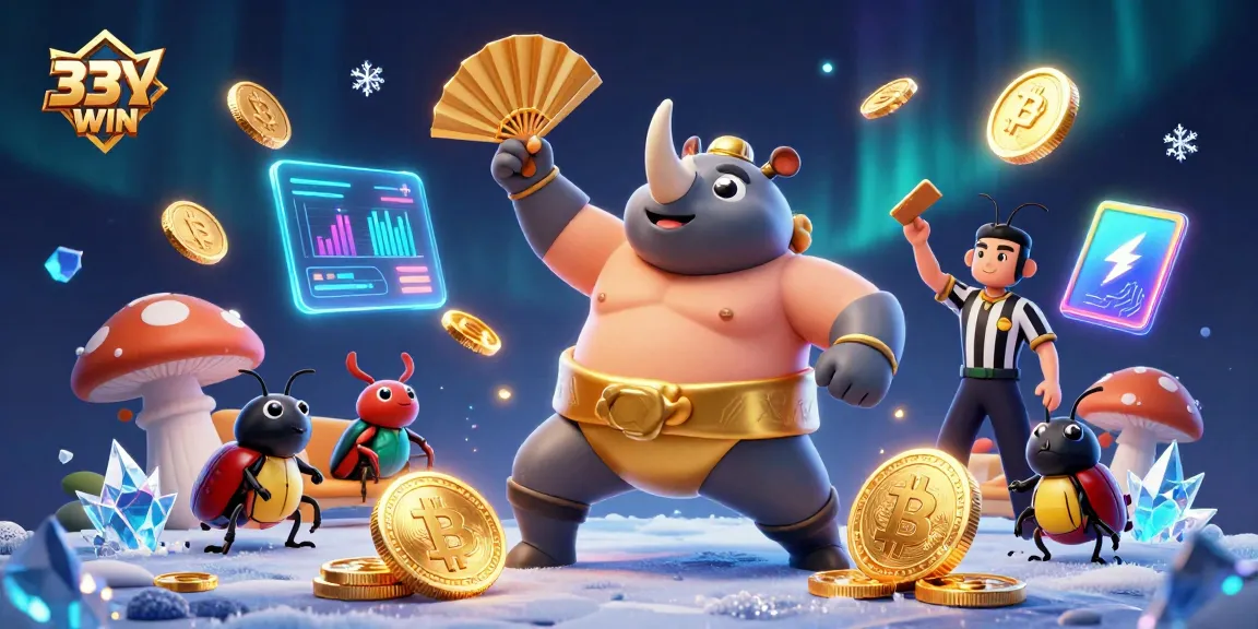 Bet on 33WIN with exciting casino action featuring dynamic beetle characters and glowing crypto coins.