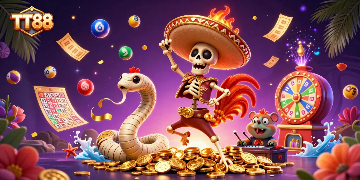 Exciting TT88 gaming scene with vibrant characters celebrating as lottery balls bounce around