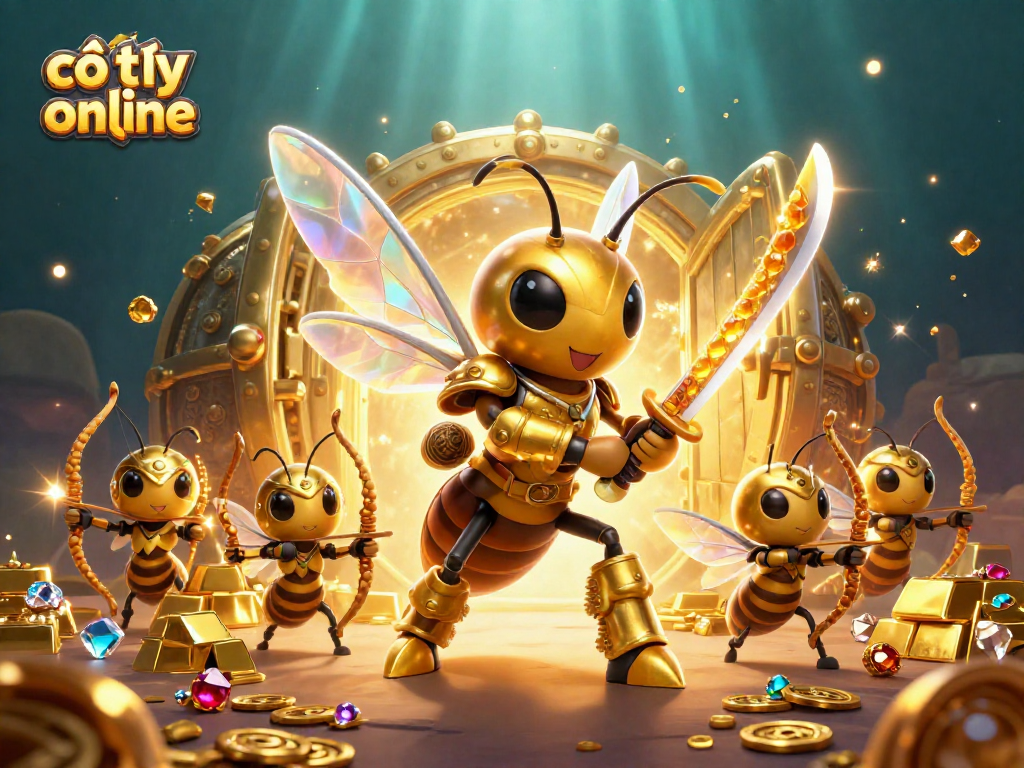 Engage in cờ tỷ phú online with a dynamic scene of characters amidst shimmering treasures.