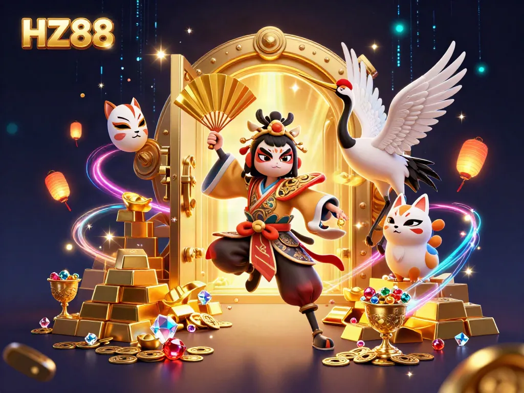 Engage in thrilling gameplay at HZ88 with vibrant casino-themed 3D characters and dynamic gold visuals.