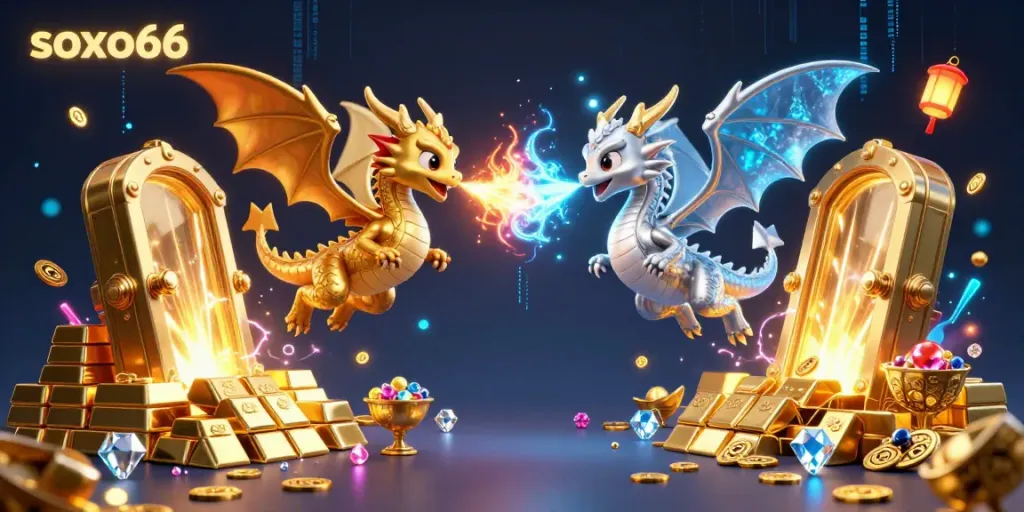 Soxo66 showcases a 3D illustration of twin dragons in action, symbolizing excitement in online gaming.