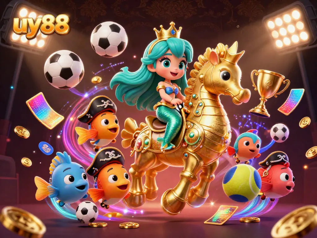 Experience uy88 with a vibrant 3D mermaid princess and dynamic sports elements in an immersive gambling atmosphere.