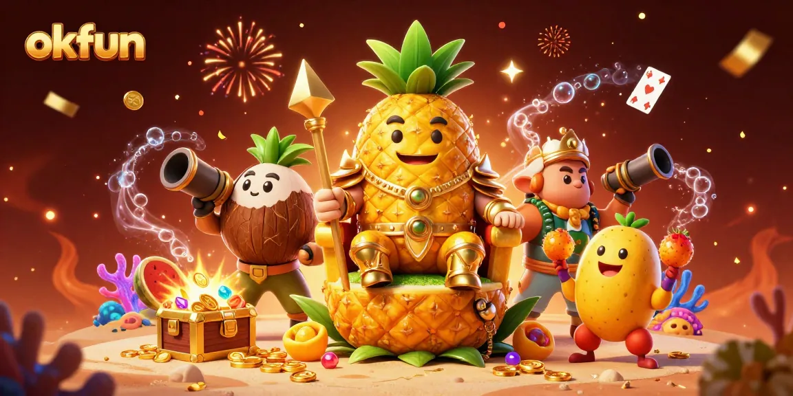Experience rewarding slots and games at okfun with vibrant, joyful casino-themed illustration.