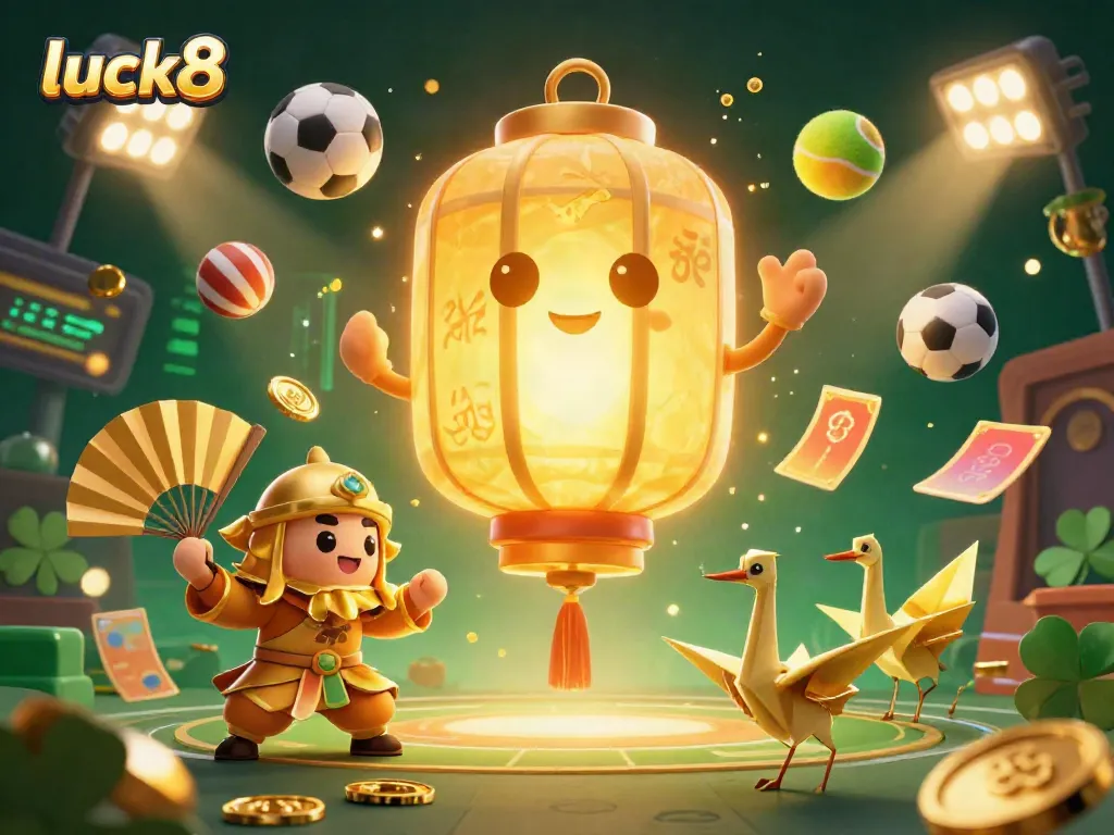 Engage with luck8 in a vibrant casino scene featuring a glowing lantern spirit, fan warriors, and dynamic sports elements.