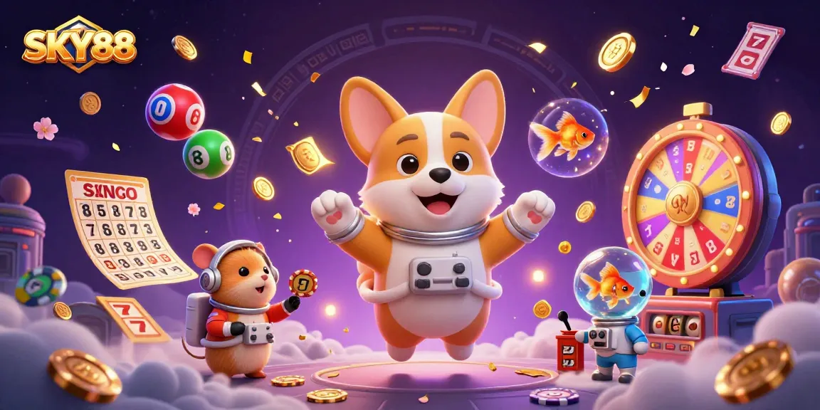 Experience SKY88 where a playful astronaut corgi and friends engage in a dynamic casino adventure.