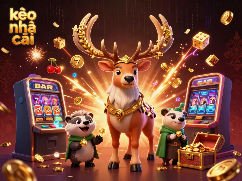 Experience the thrill of kèo nhà cái with a vibrant scene featuring a Celtic druid, badger, and a slot machine bursting with coins.