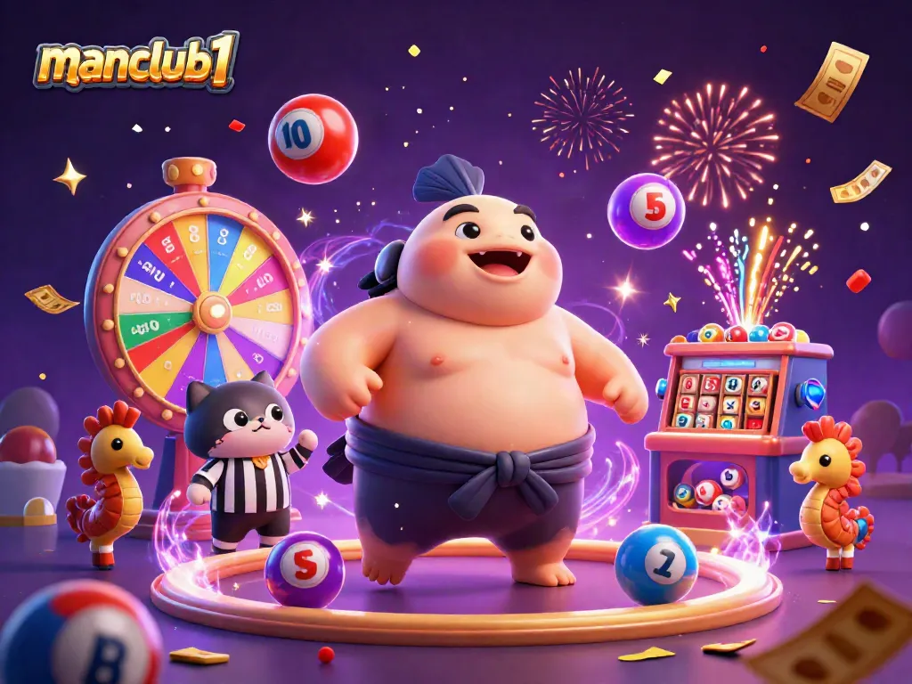 Experience excitement with manclub1 in this vibrant lottery scene filled with colorful balls and dynamic elements.