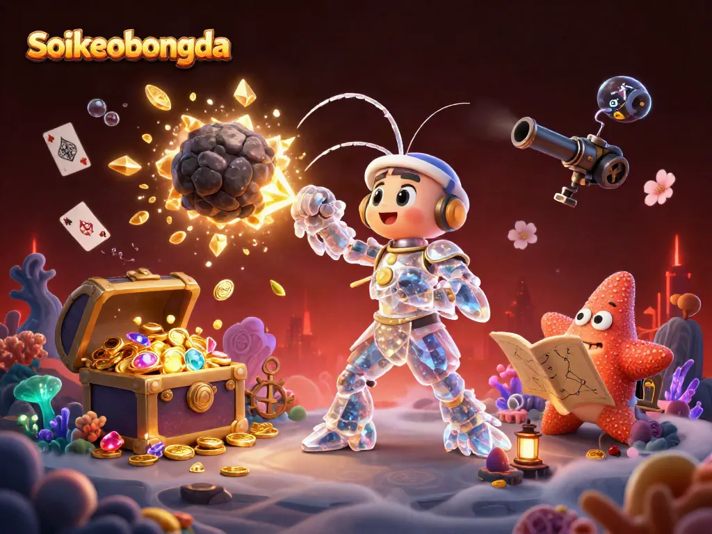 Soikeobongda showcases a vibrant 3D casino scene with golden gems and coins exploding around characters.