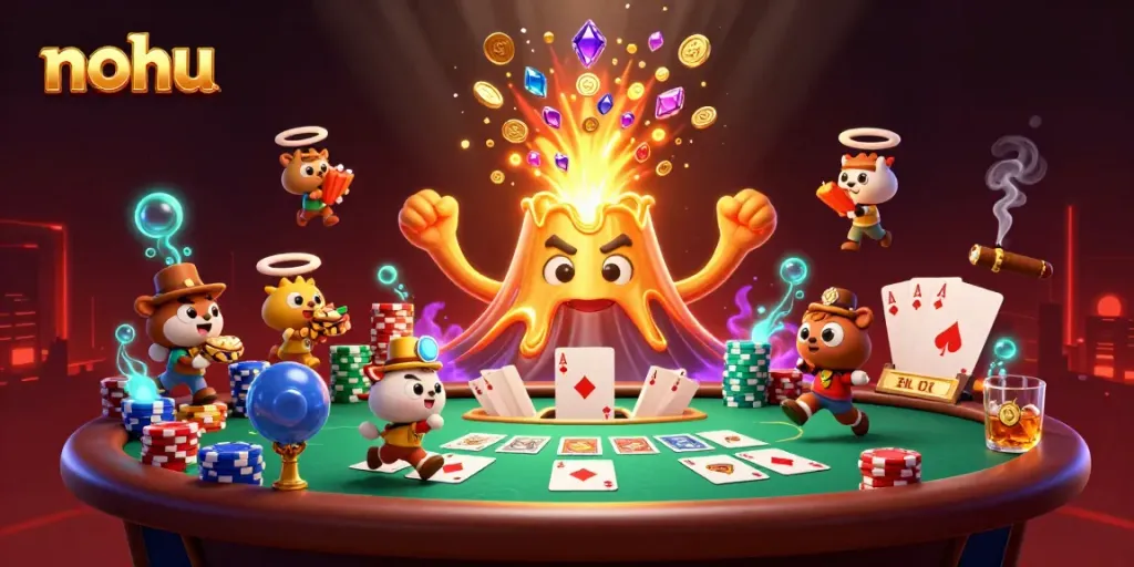 Nohu erupts with treasure as animals escape, surrounded by gambing elements like poker chips and cards.