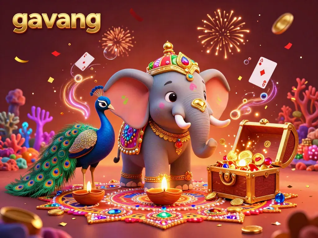 Experience exhilarating gameplay with the dynamic "gavang" illustration showcasing festive elements and gambling action.