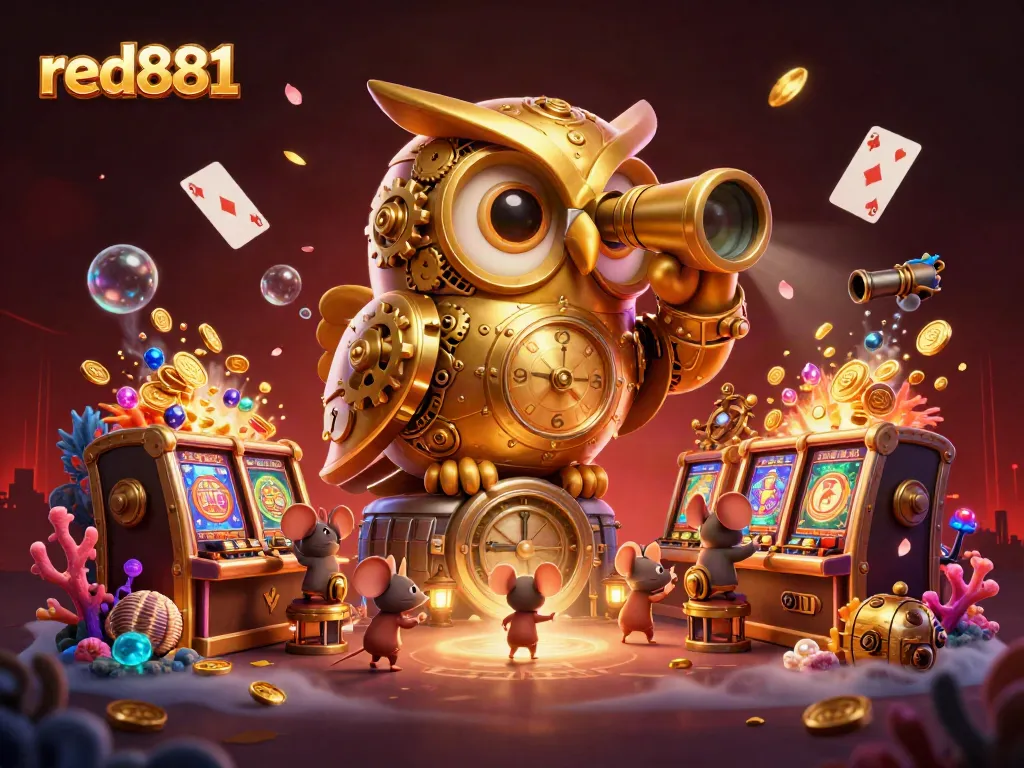 Engage in thrilling games at red881 with a dynamic casino illustration showcasing an owl and mice amidst vibrant game elements.