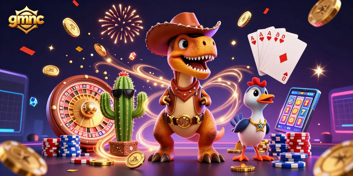 Spin and win with gmnc’s vibrant casino scene featuring a cowboy dinosaur and dynamic gaming elements.