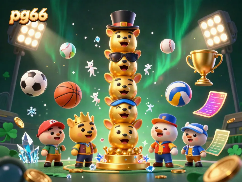 Experience the vibrant pg66 casino world through a dynamic 3D scene, blending characters and sports elements for immersive gambling action.