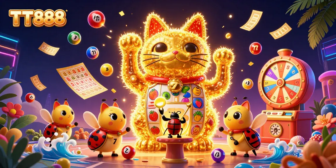 Experience the excitement of TT888 with golden fireflies, a lucky cat, and vibrant casino symbols.
