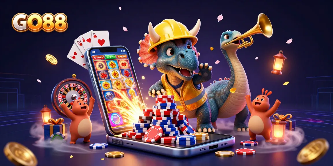 GO88 gamifies fun with a triceratops building poker chips in a colorful casino scene.