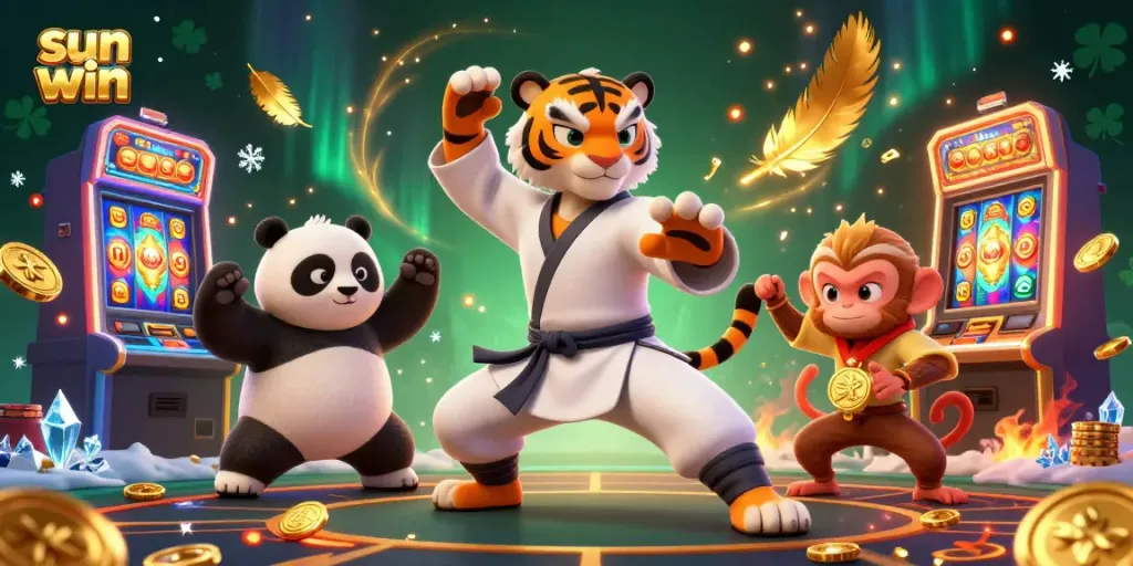 Experience the thrill of sun win at a vibrant 3D casino with cartoon characters and dynamic gaming elements.