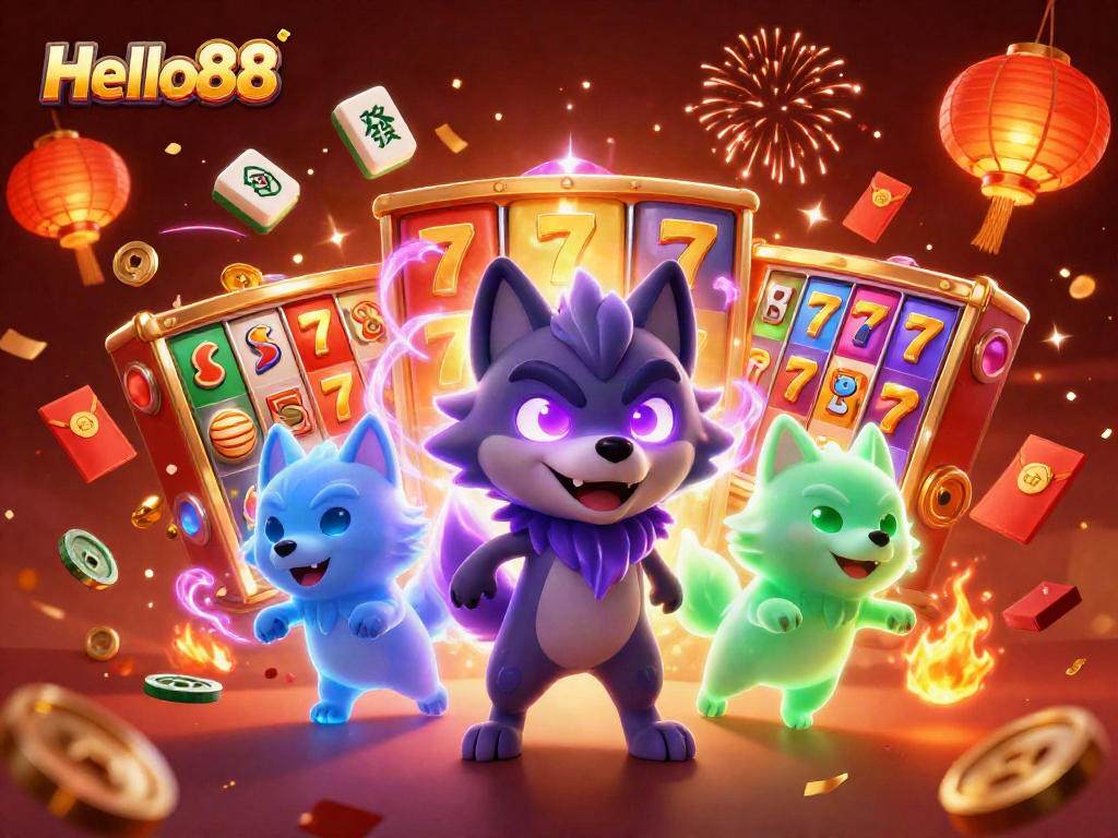 Join the thrill of Hello88 with a festive celebration of spinning slot reels and illuminating characters.