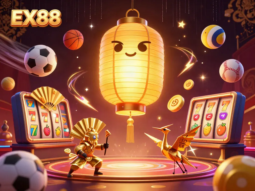 Experience the thrill of EX88 Casino with vibrant 3D characters and dynamic game elements swirling around.