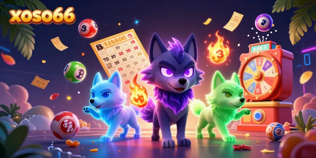 Engage with xoso66's energetic lottery theme featuring a mystical wolf pack and vibrant game elements.