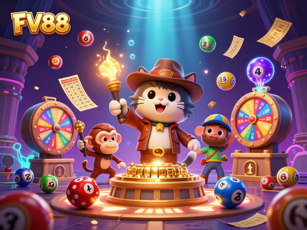 Experience the vibrant world of FV88, where an archaeologist cat discovers golden casino artifacts amid dynamic game elements.
