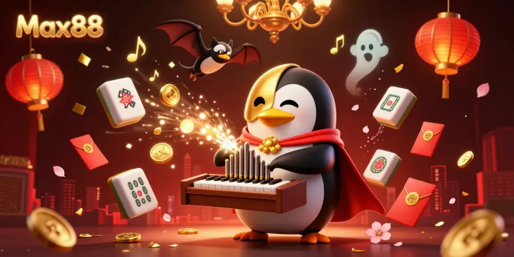 Max88 casino scene with a cartoon penguin earning coins while bat acrobats perform above.