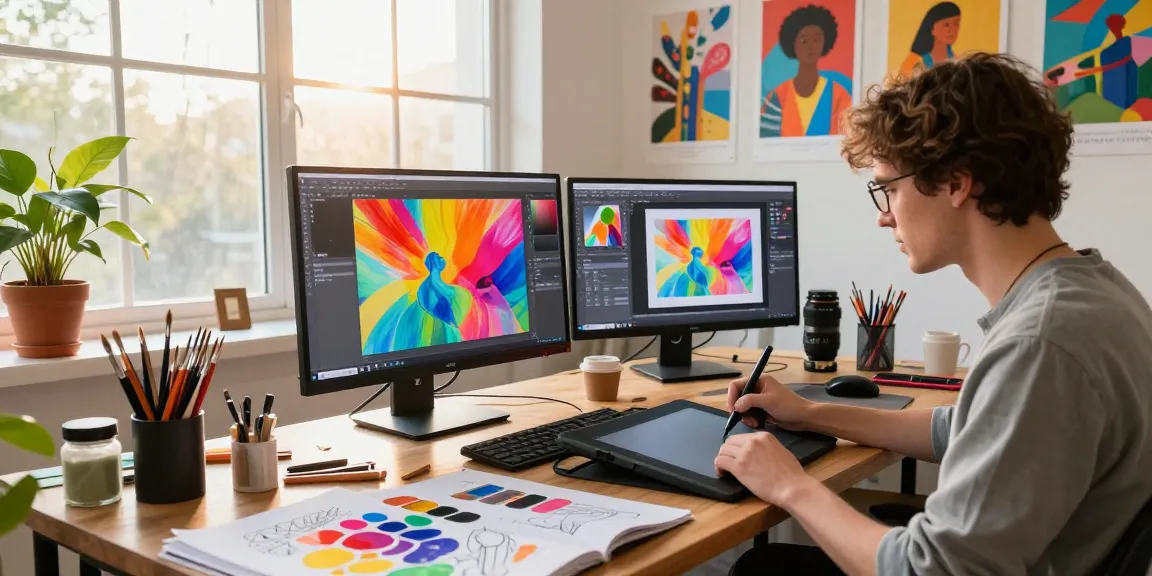 Artist showcasing hot AI artwork in a vibrant digital studio.