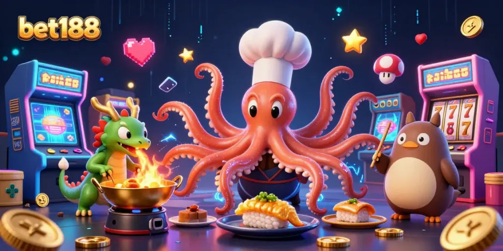 Bet188 scene showing a sushi chef octopus and wasabi-green dragon engaging in vibrant casino fun.
