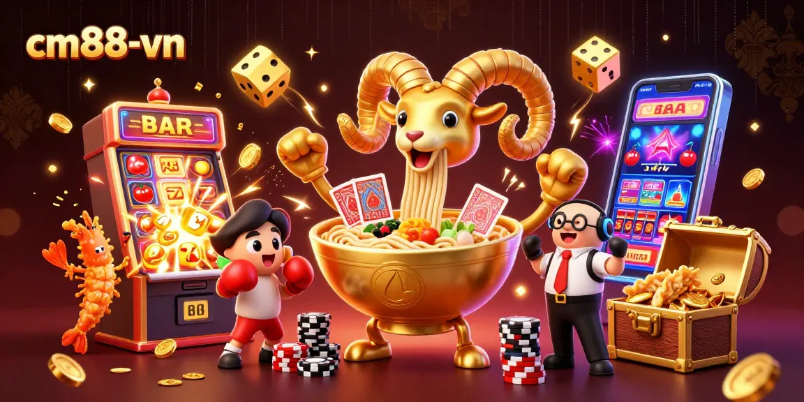 Feel the excitement at cm88-vn as golden ramen bowls deal cards and coins fly in a vibrant casino!