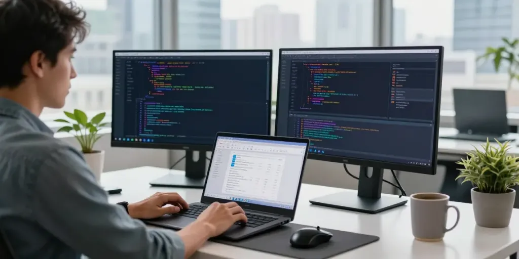 Developer focusing on instant indexing projects in a modern tech office.