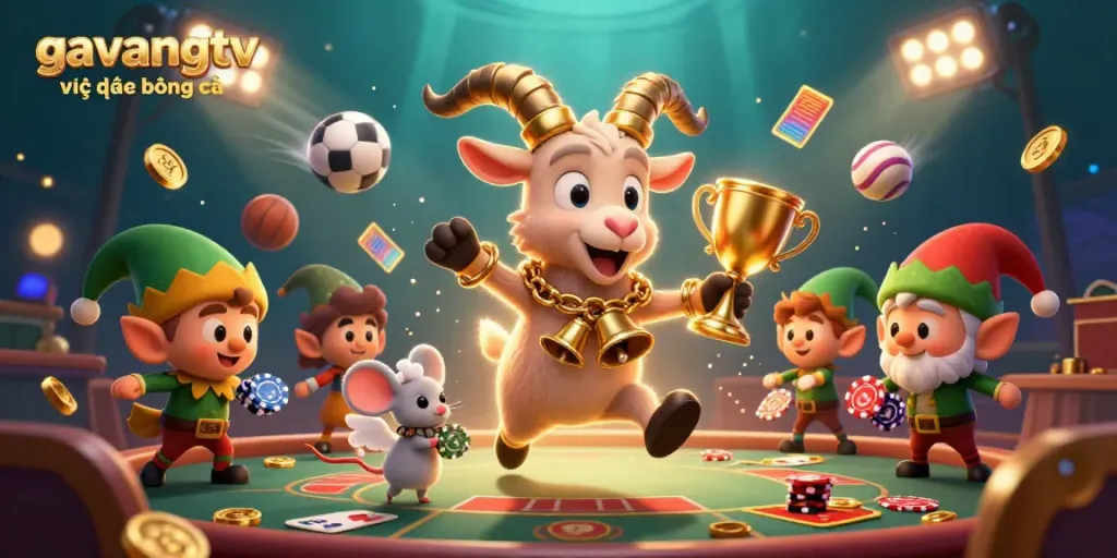 Experience the thrill of gavangtv trực tiếp bóng đá with a festive 3D casino scene featuring unique characters and sports elements.
